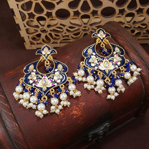18k Gold Plated Indian Wedding Bollywood Enamel Kundan Pearl - Picture 2 of 4